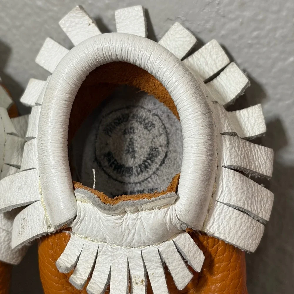 Freshly Picked Baby Leather Moccasins Size 4 Yellow Orange White Fringe TriColor